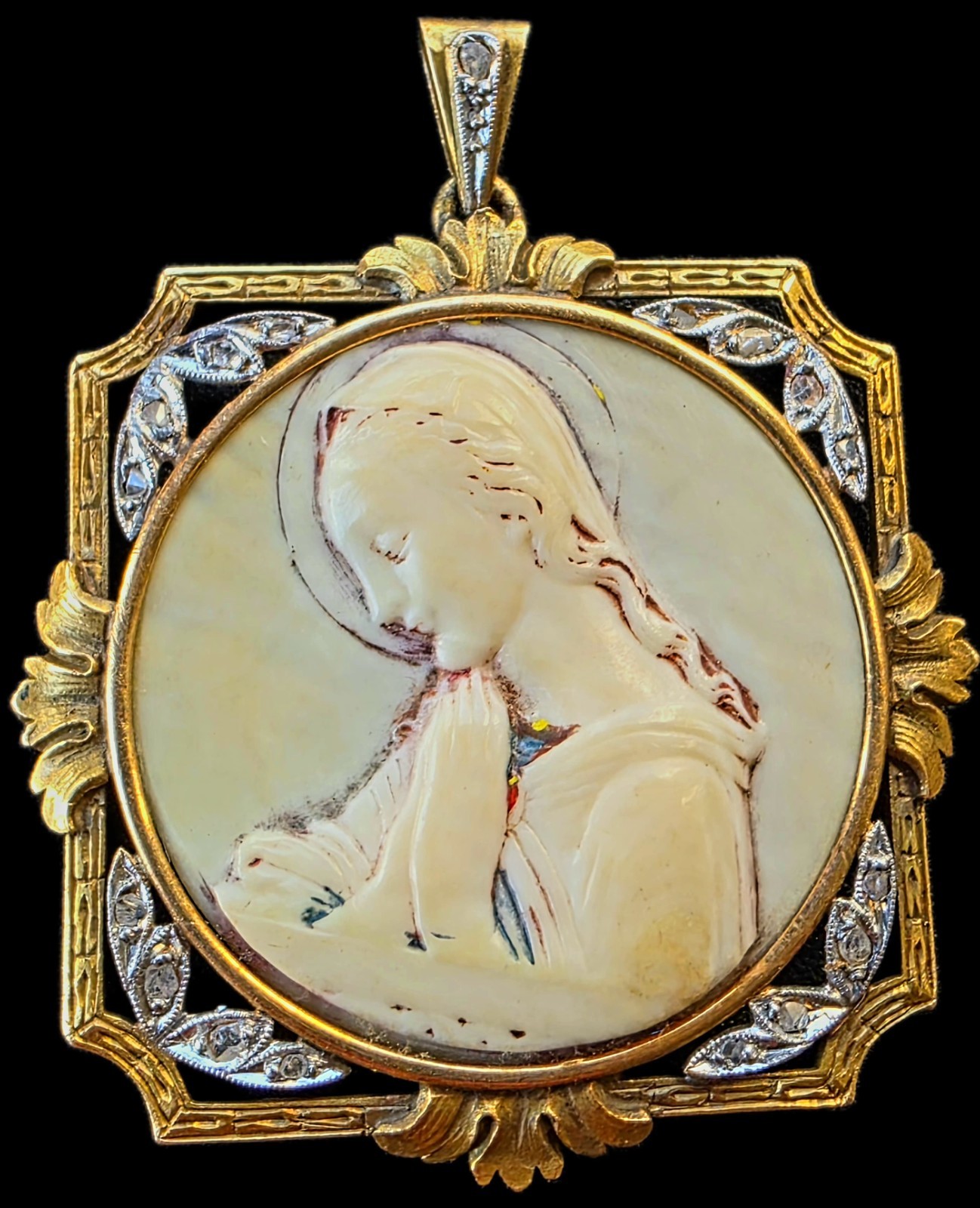 Antique Virgin Mary Medal Pendant 18k Gold Rose Cut Diamonds Catholic Art Deco