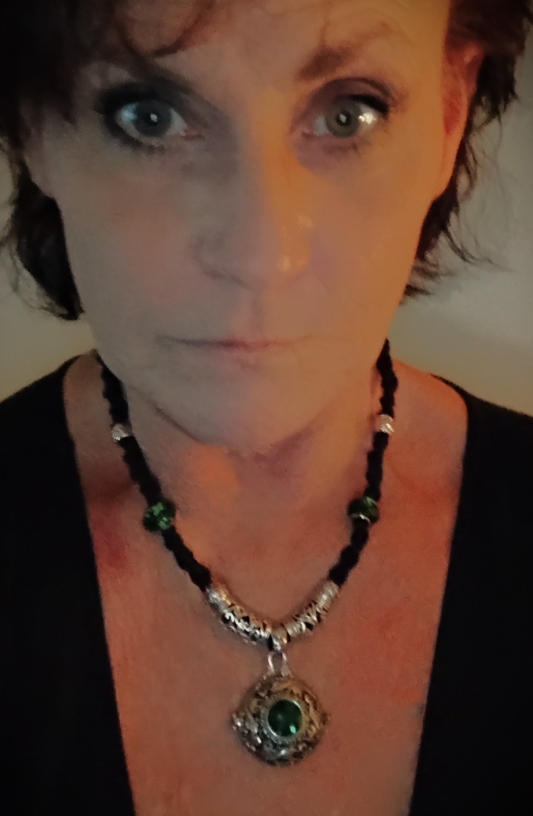 Antique Style Locket with a Green CZ Stone on 20 1/4″ Black Handmade Hemp Chain