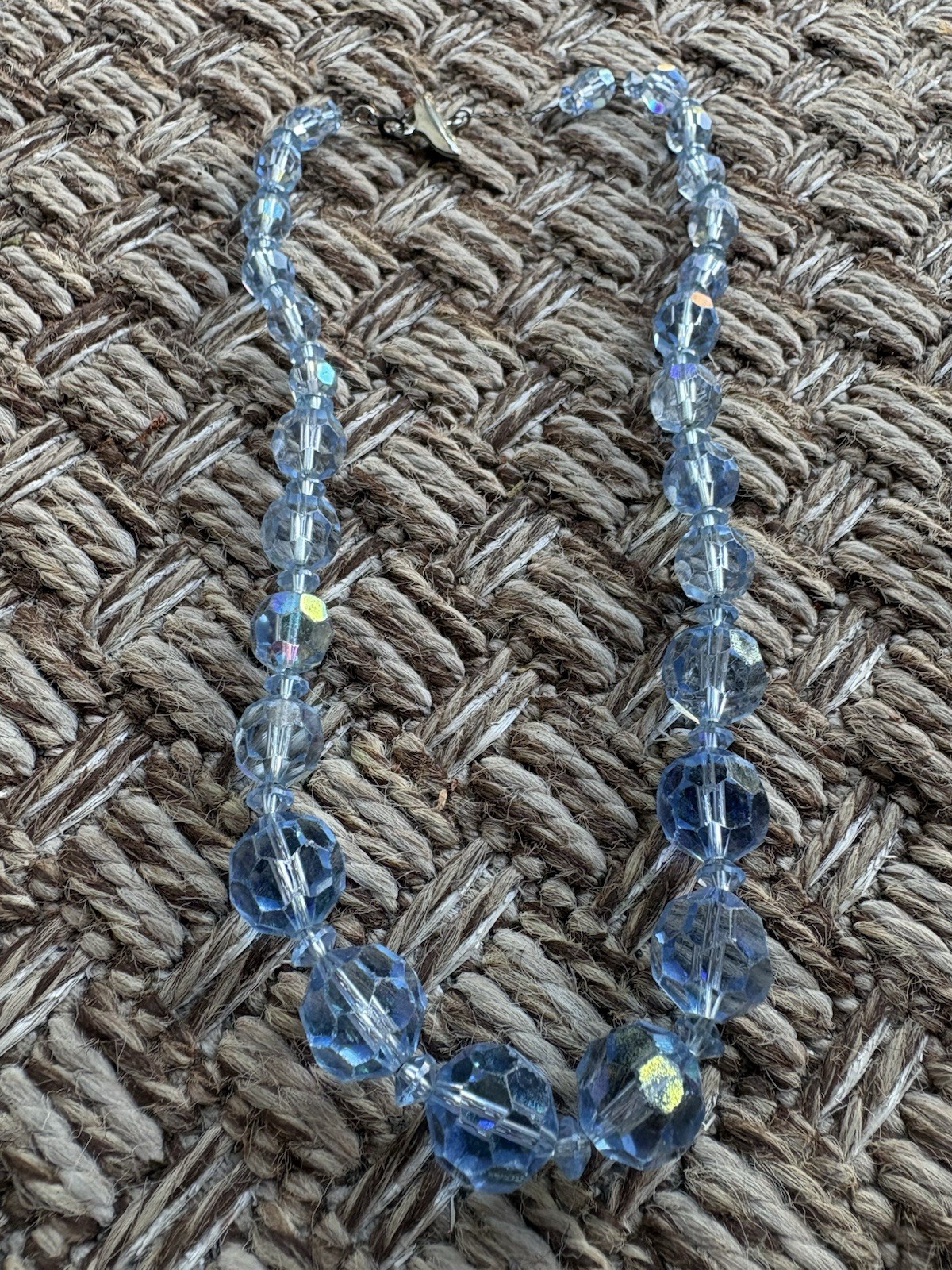 Vintage Czech beaded 14” necklace Graduated Lt blue faceted glass crystal beads