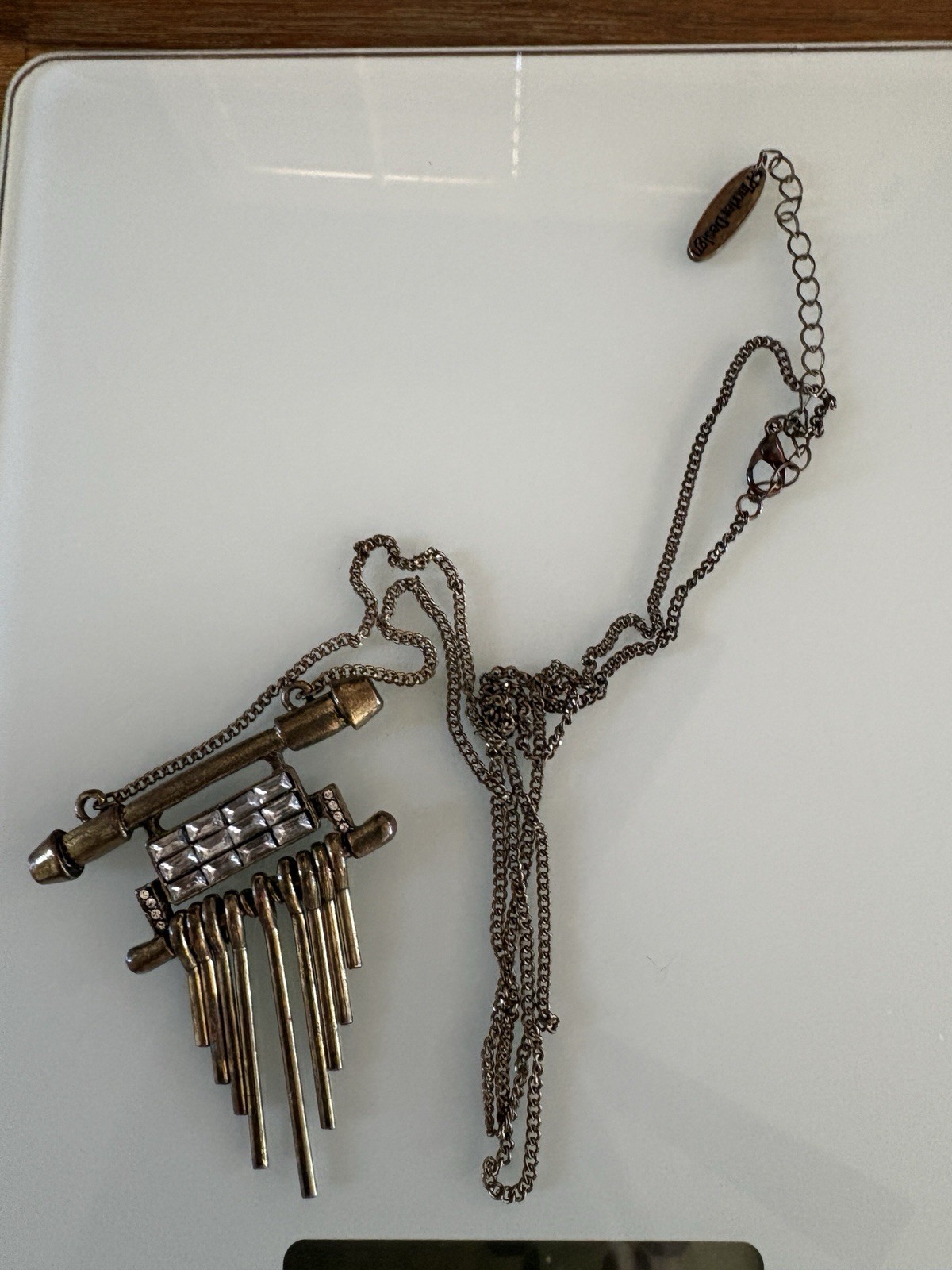 Vintage Plunder Rhinestone & Bronze Tone Necklace Dangle Bar Pendant RETIRED