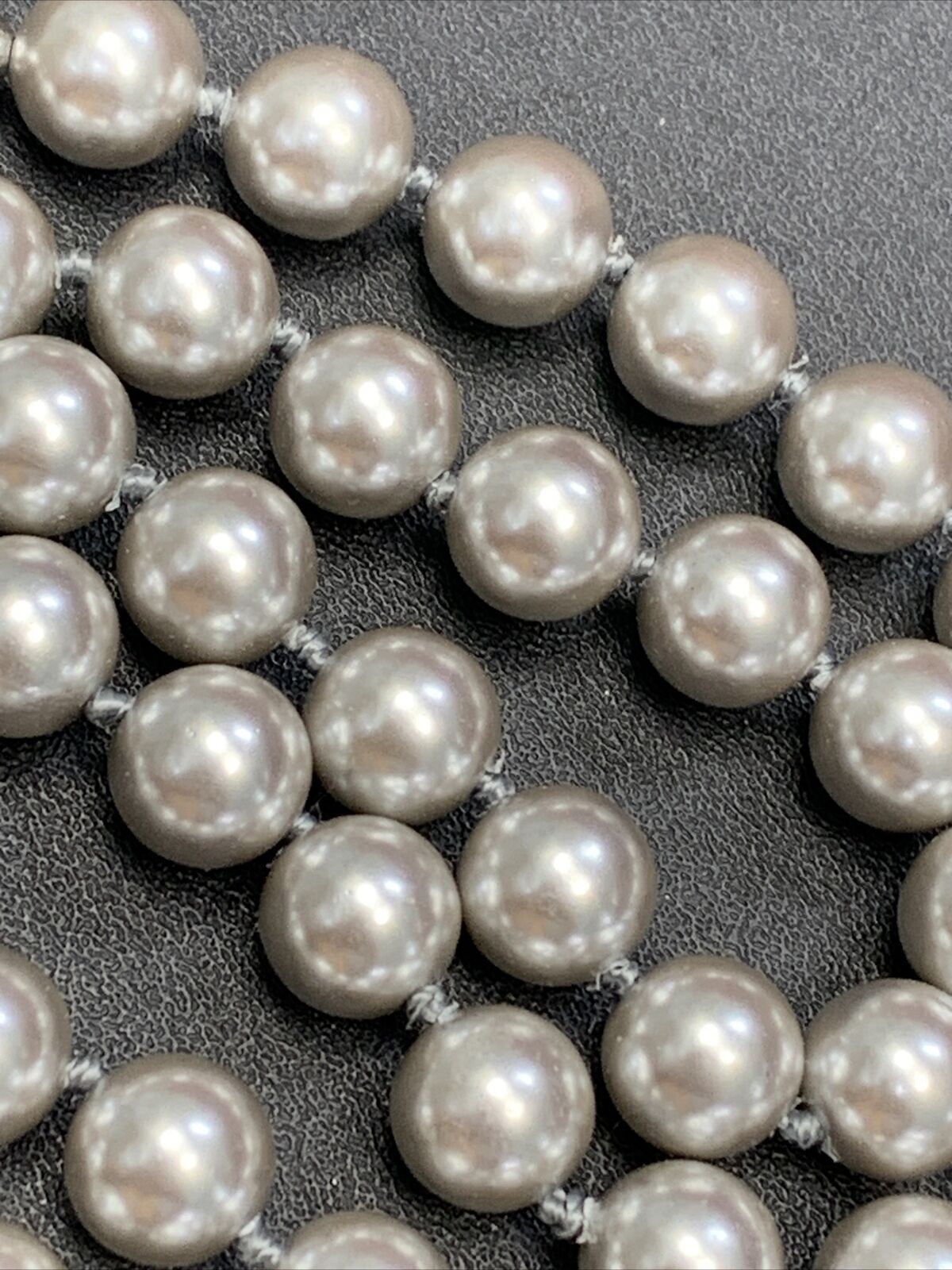 Vintage Signed Monet Grey Silver Hand Knotted Glass Pearl Necklace Long 20”