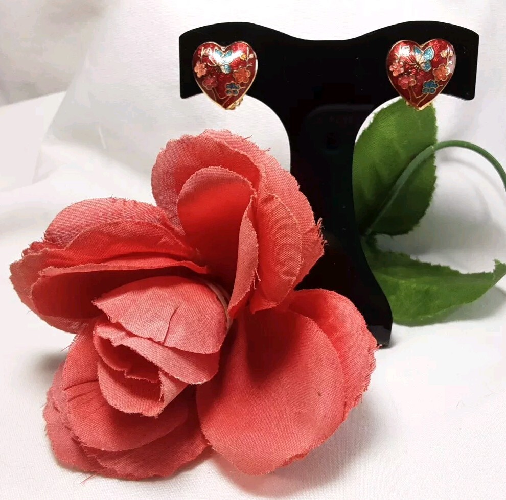 Earring Gold Tone Cloisonne Red Pink Blue Puff Heart Floral Butterfly Clip Vtg