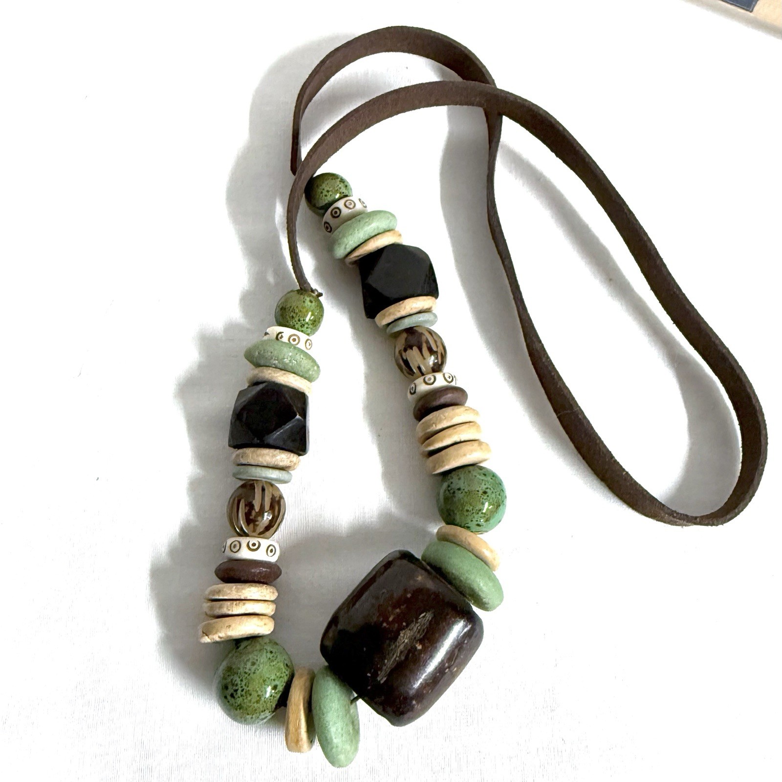Vintage Boho Chunky Necklace Wood Ceramic Acrylic Beads on Suede Leather Cord