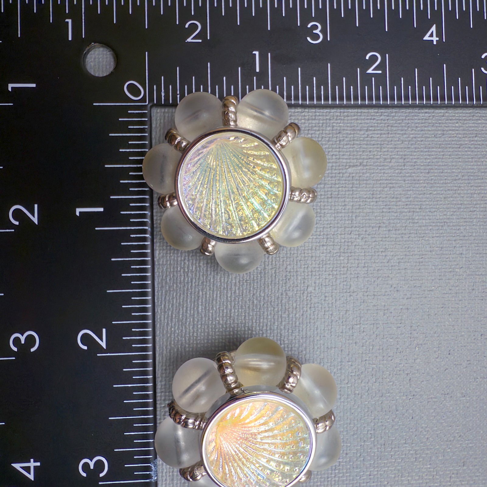Vintage Acrylic Shell Clip On Earrings Iridescent Beach