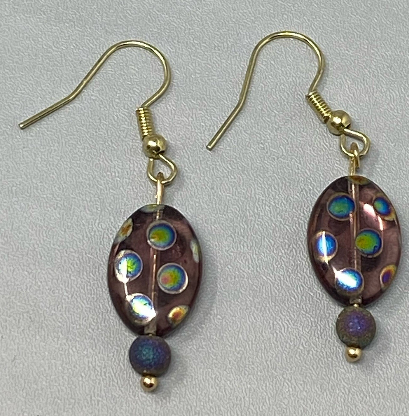 Purple Glass Bead Earrings Dangle Drop Pierced Peacock Iridescent Spotted Hook