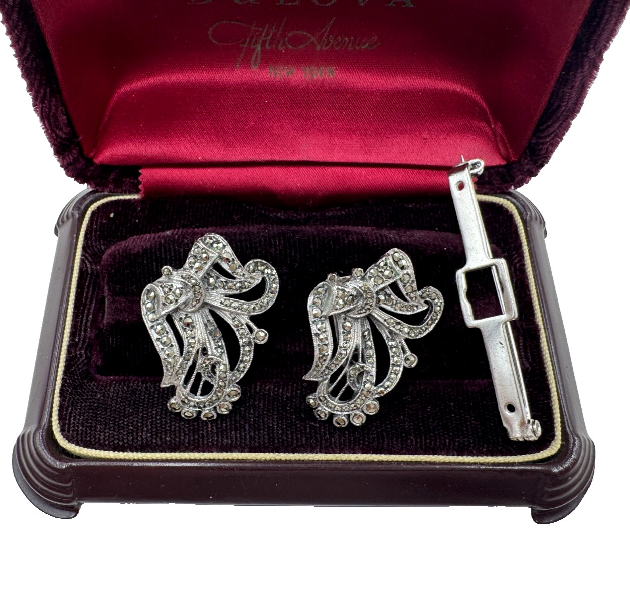 UTMOST RARE ANTIQUE ART DECO DUETTE BROOCH 2 DRESS CLIP MARCASITE STERLING SLVER