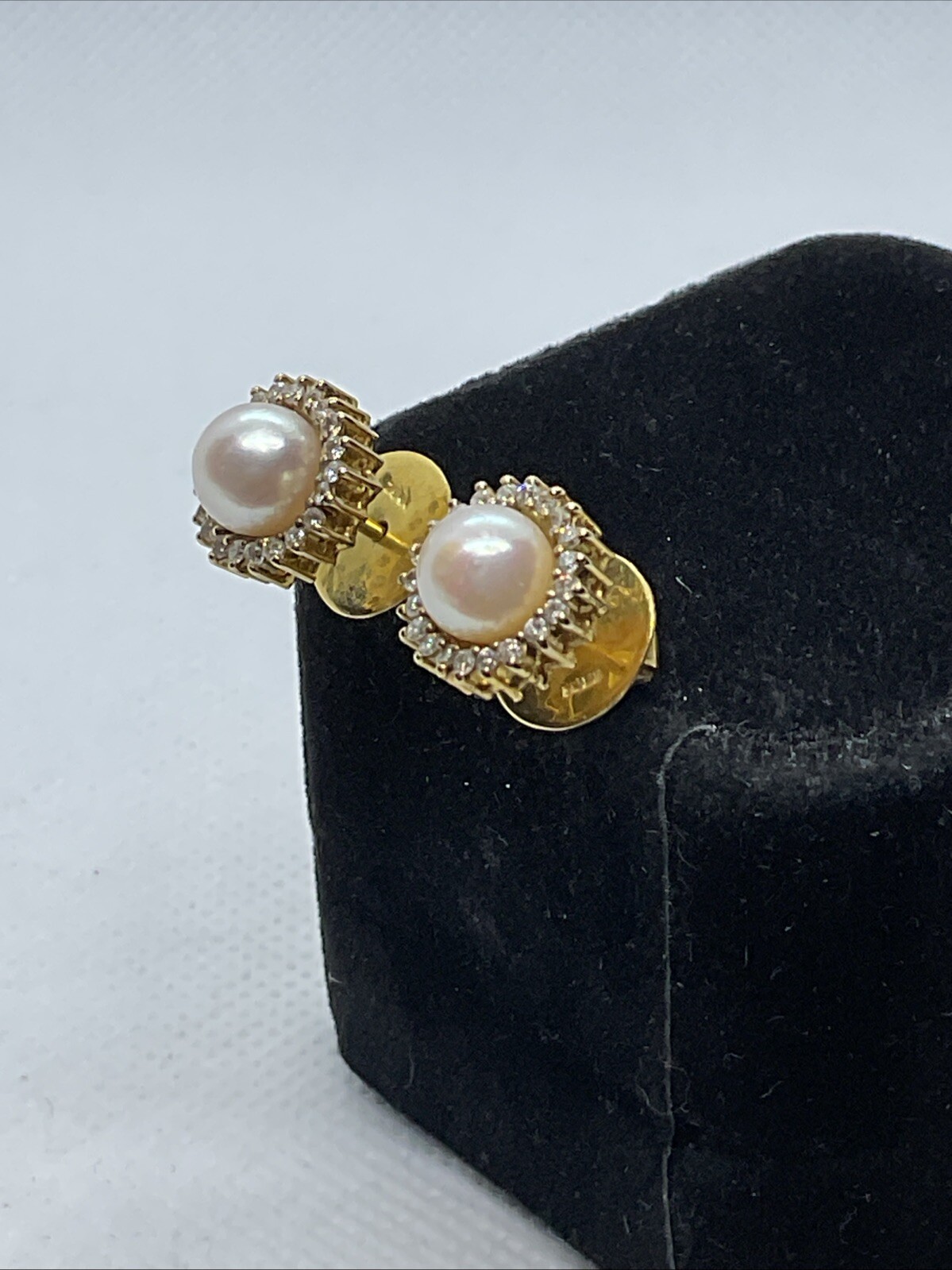 VINTAGE HANDMADE Solid 12K Yellow Gold Pearl & Diamond HALO Style STUD Earrings
