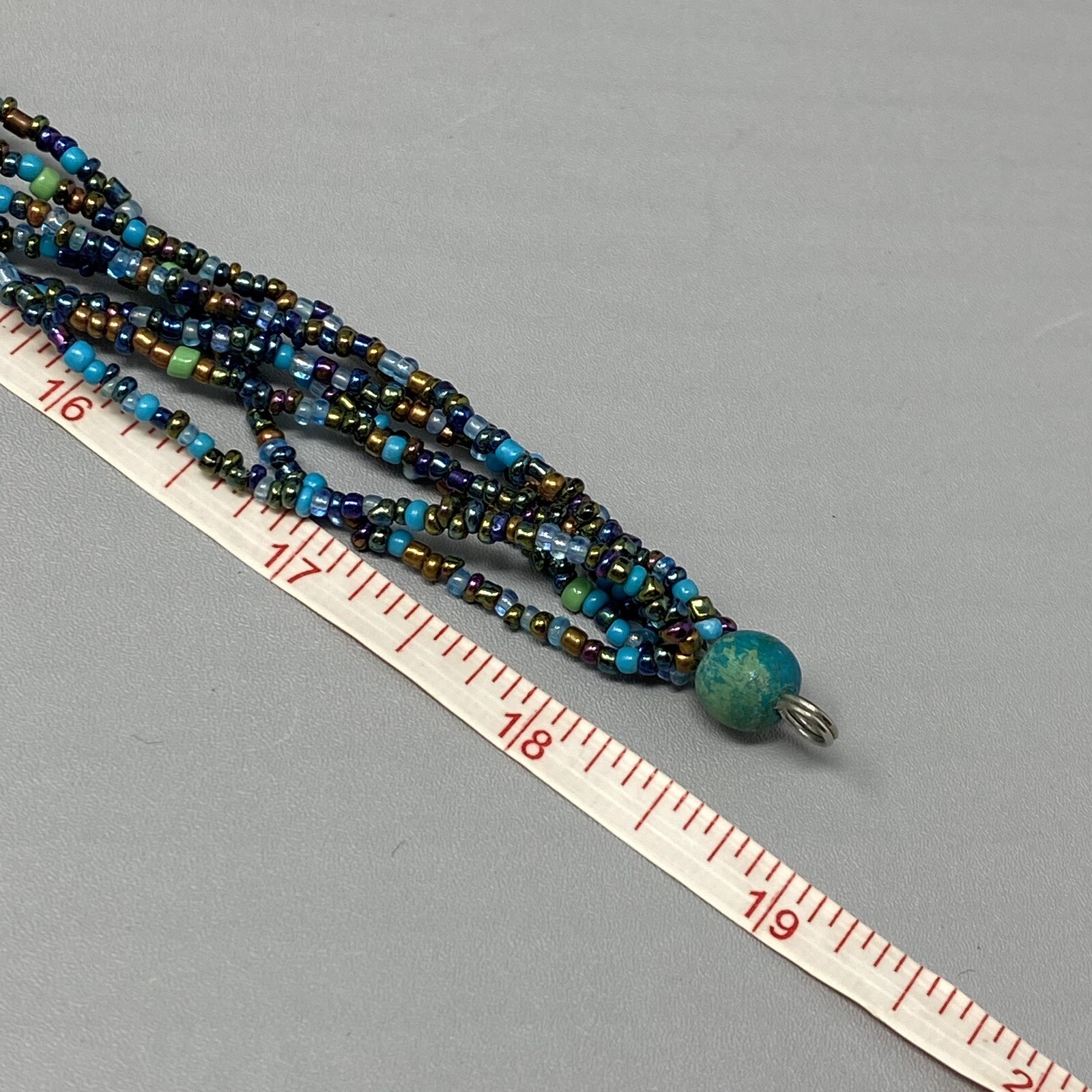 Boho Necklace Vintage Blue Multicolor Seed Bead Dyed Nut Multi Strand Collar 19″