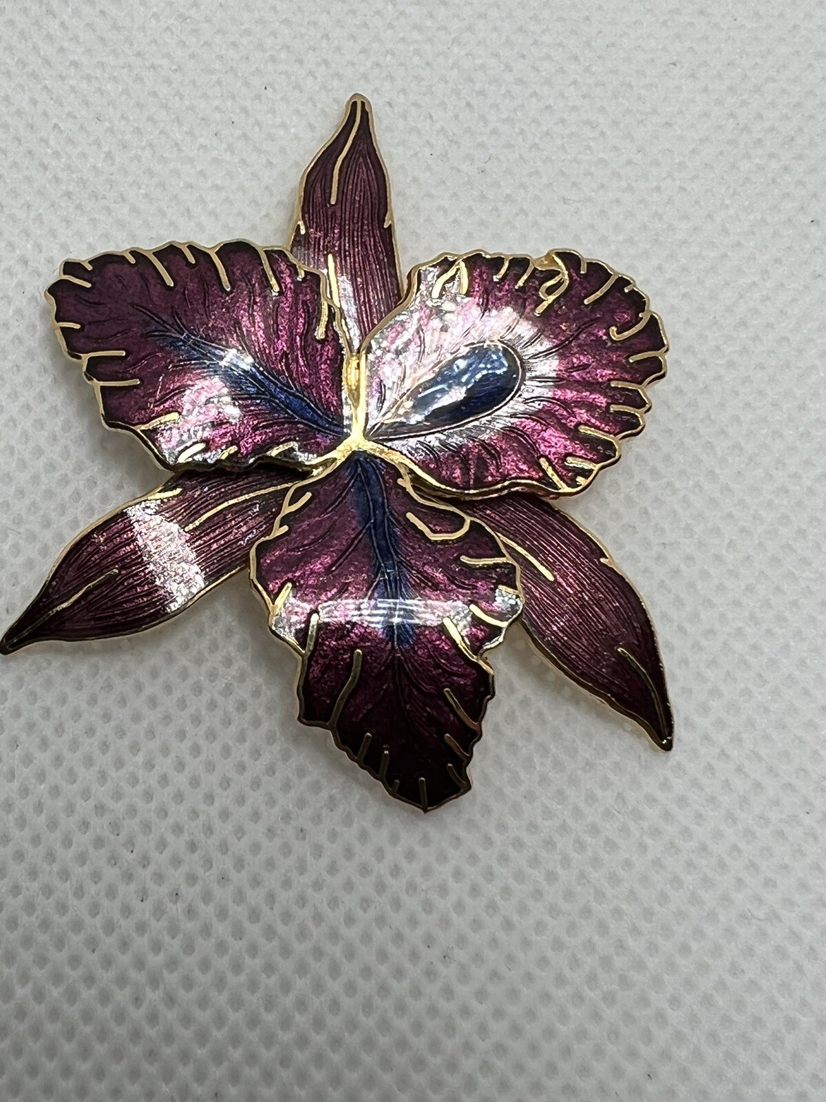 Large Gold Tone & Purple Enamel Orchid Brooch Pin STATEMENT PIECE signed M jewel