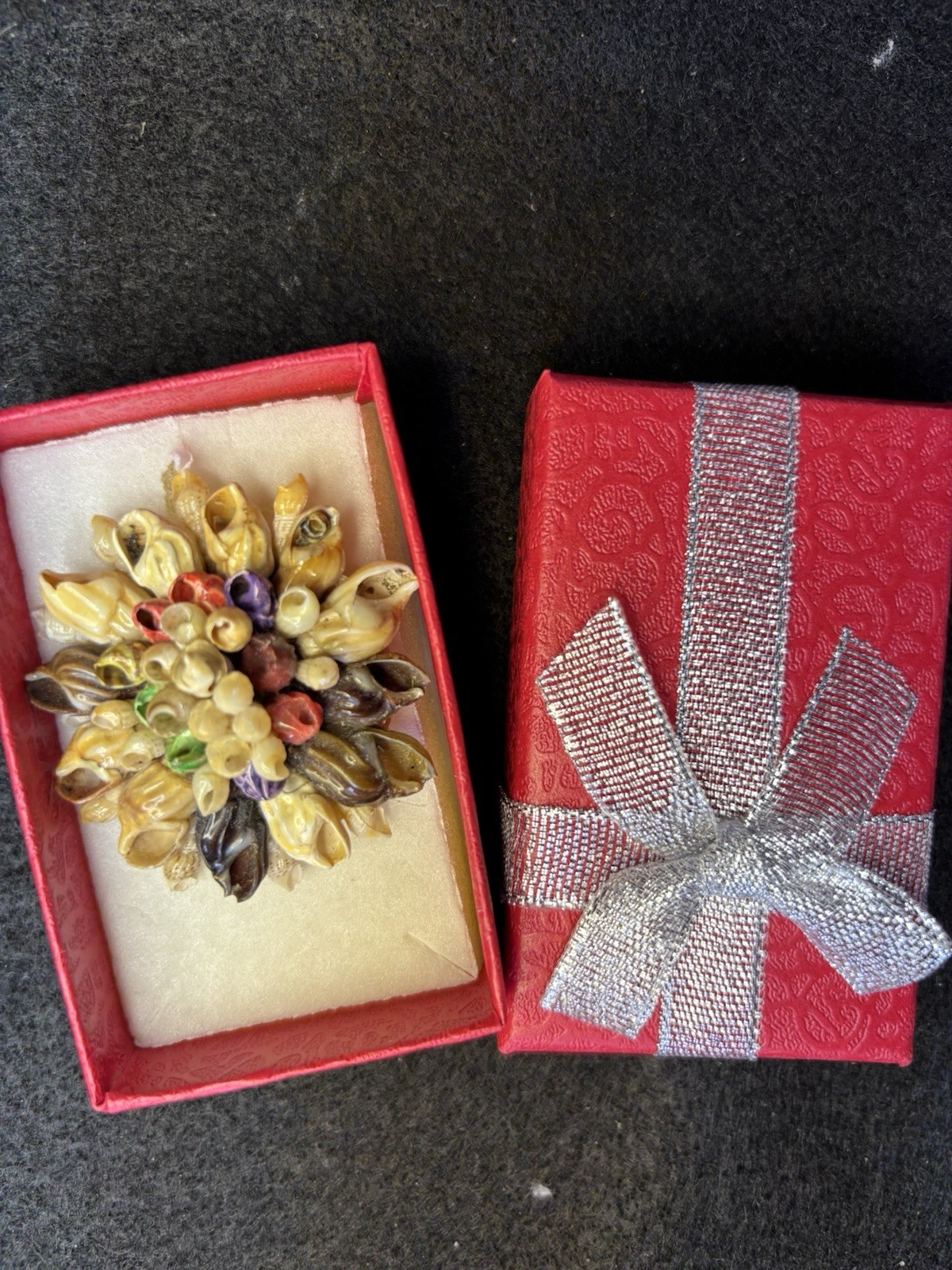 Vtg Artisan Made Natural Seashell Brooch Floral Design Multicolor 2” W/ Box