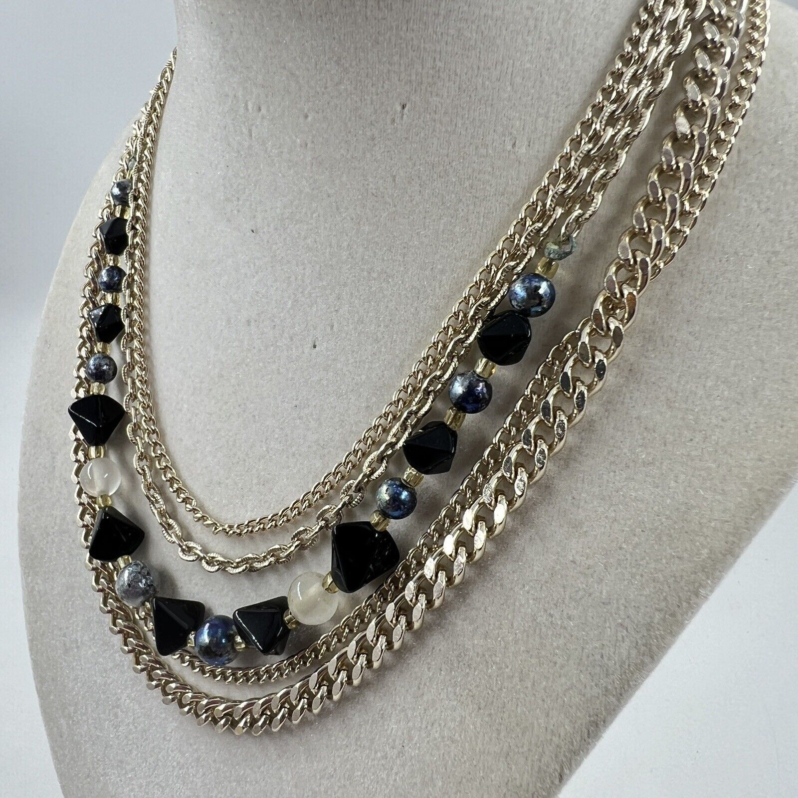Vintage Japan Multi Strand Glass Bead And Chain Necklace Gold Black Gray