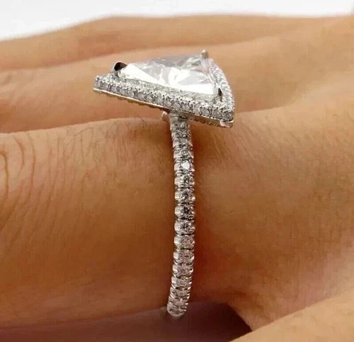Art Deco Style Trillion Cut Lab Created Diamond 14K White Gold FN Wedding Ring