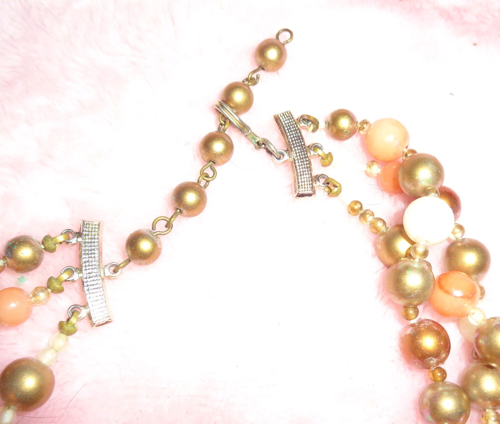 Vintage Brown Gold Red, Peach Triple Strand Beaded Choker Necklace Clip Earrings
