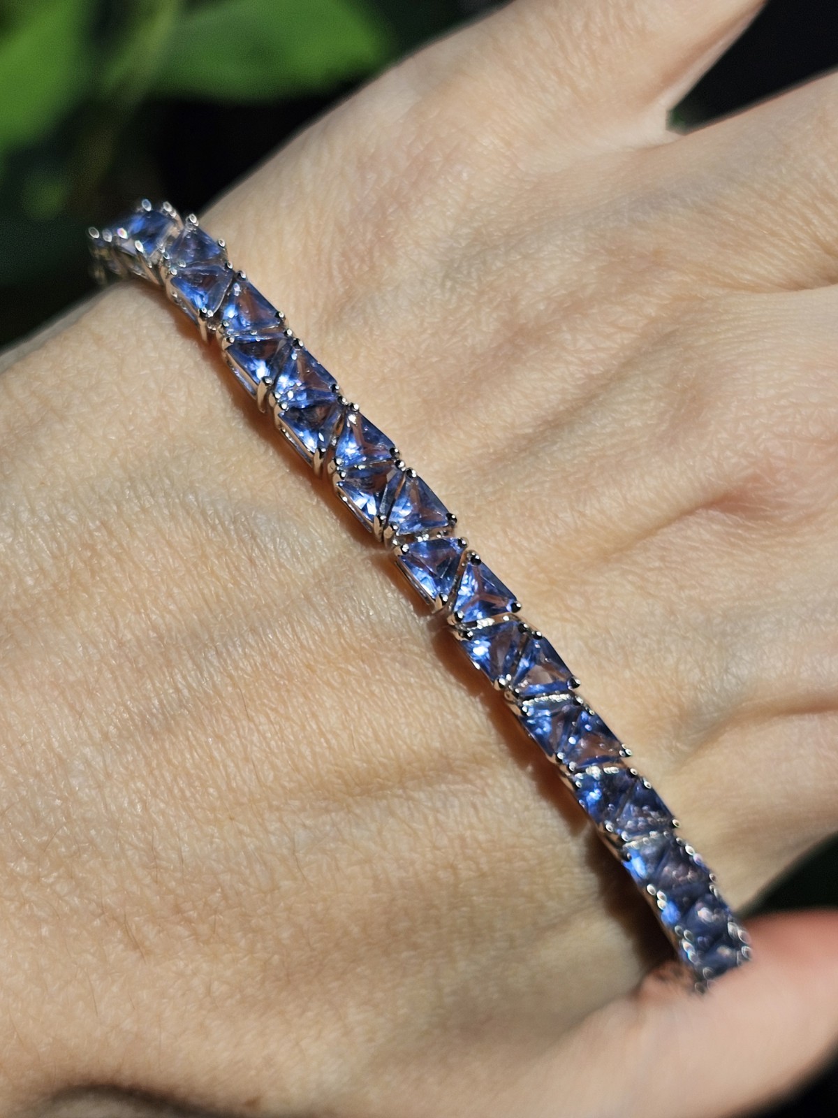 Vintage 925 Sterling Silver Trillion Cut Tanzanite Glass Tennis 8″ Bracelet