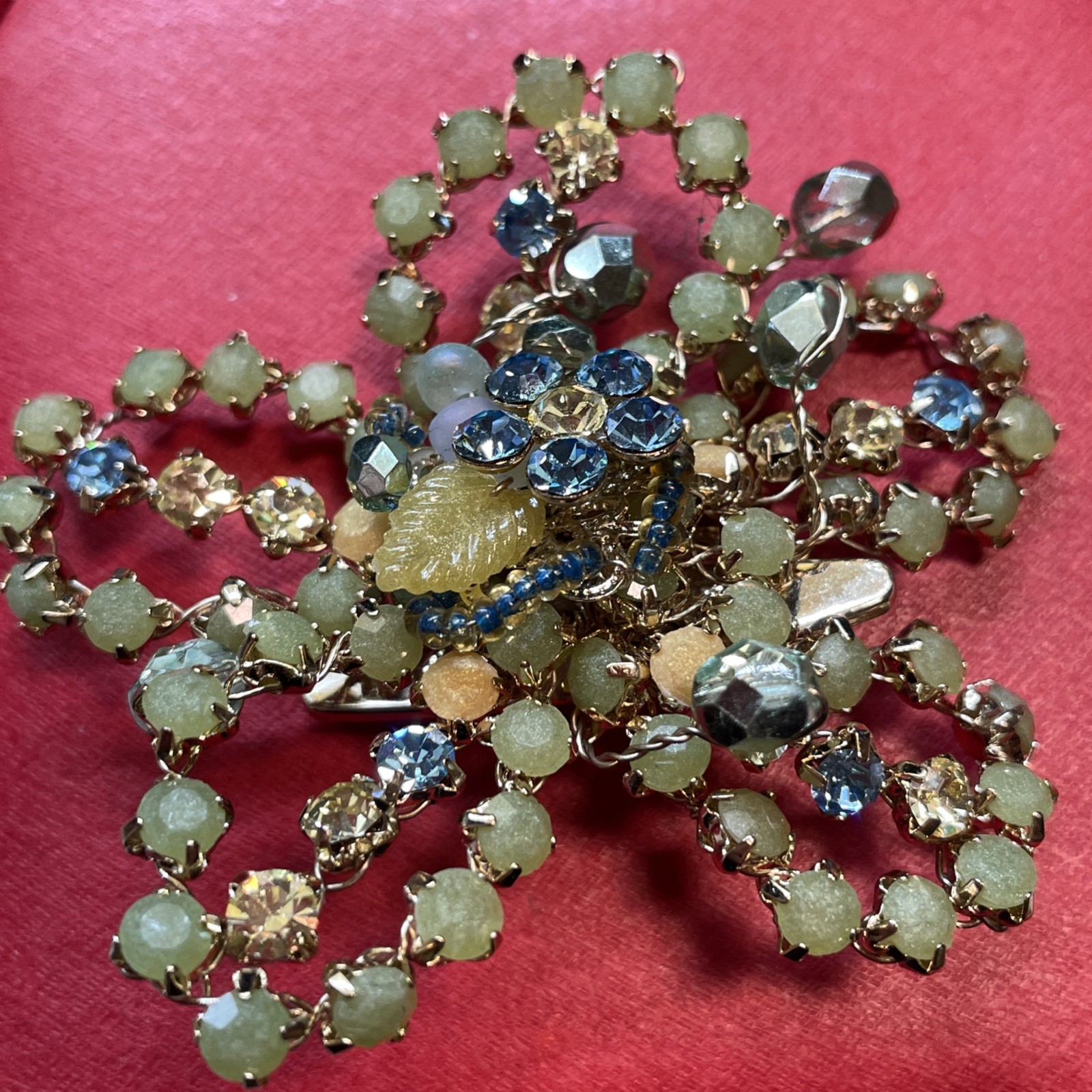 Vtg Tiara Misu Polychrome Flower Brooch Hair Clip Pin Green Rhinestones