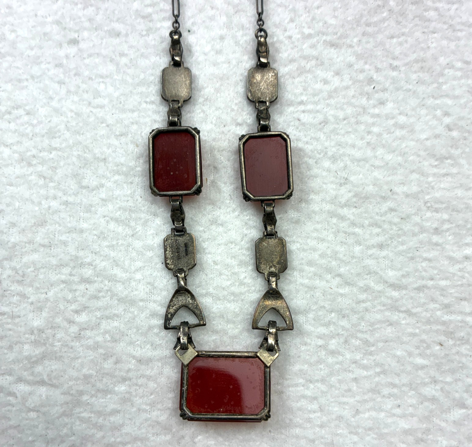 Antique Art Deco Carnelian Glass Sterling Silver & Rhinestones Necklace 16″