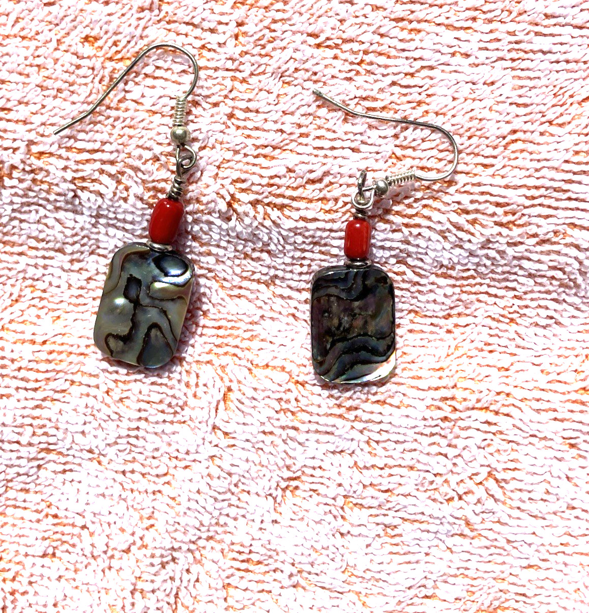 VTG Abalone Shell Earrings Rectangle Paua Shell Red Bead Fish Hook Dangle