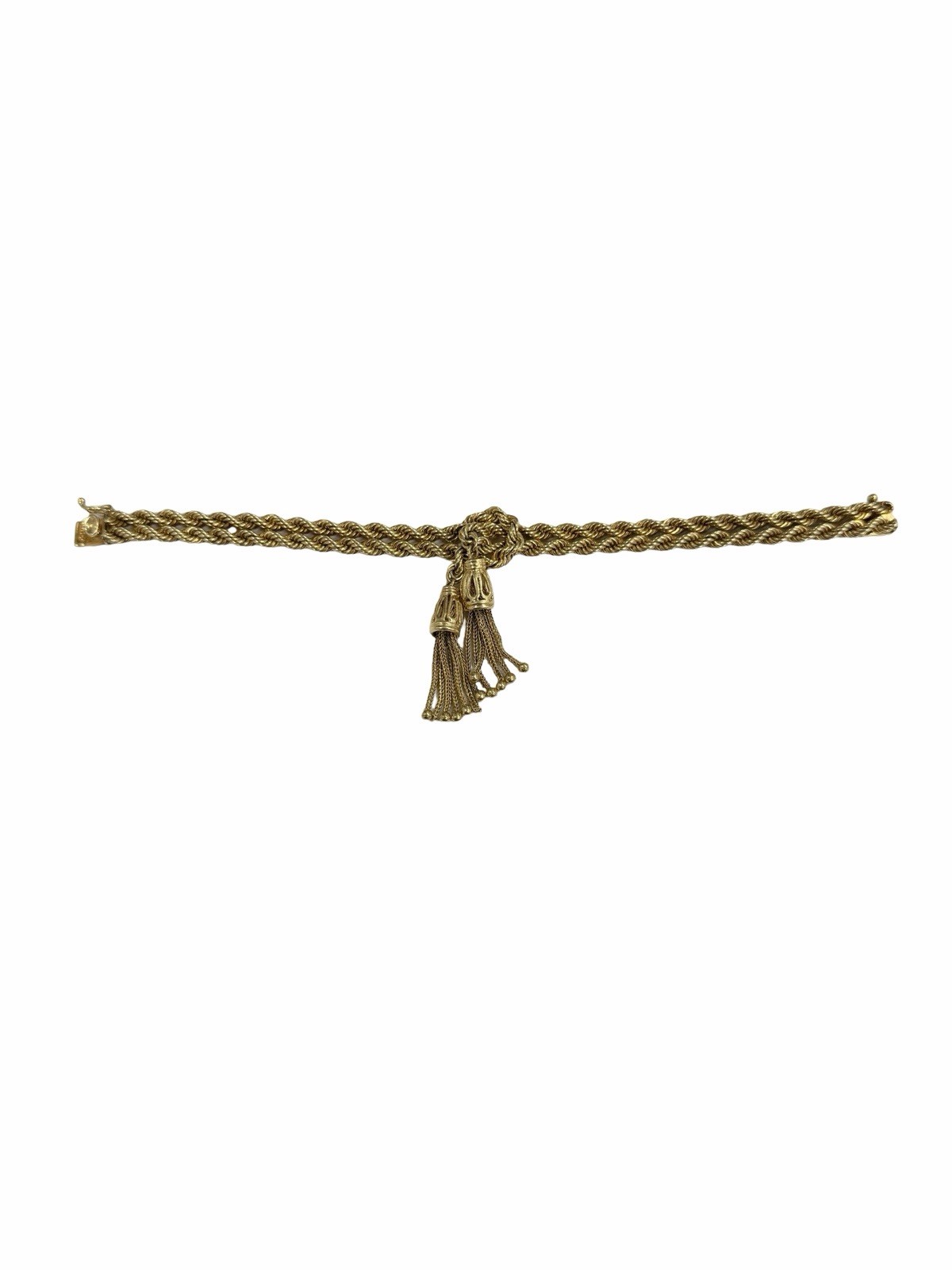 Heavy 14k Yellow Gold Knotted Rope Dangling Tassel Bracelet Vintage Estate