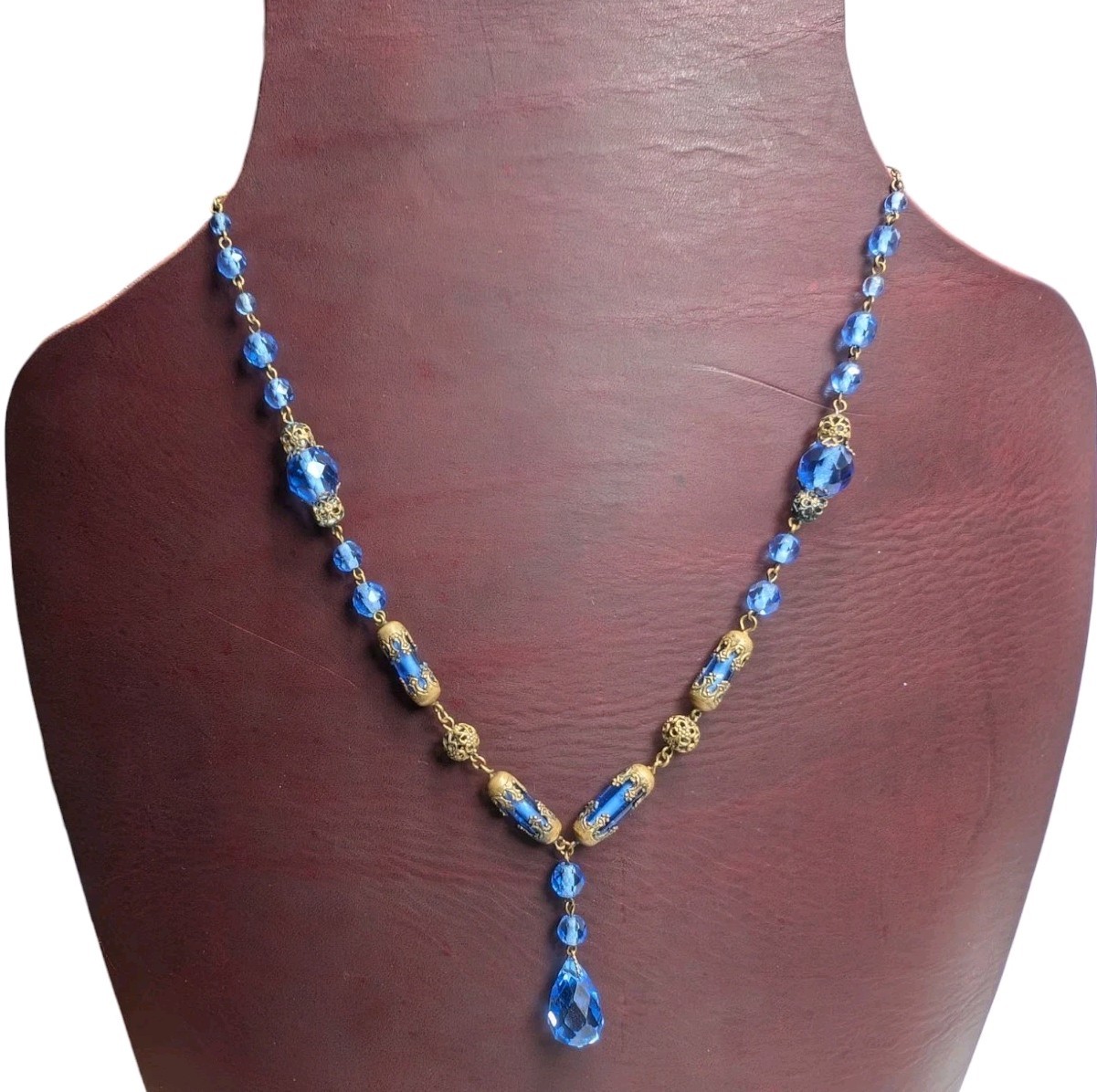 Czech Glass Necklace Blue Lozenge Art Deco Drop Pendant Faceted Filigree