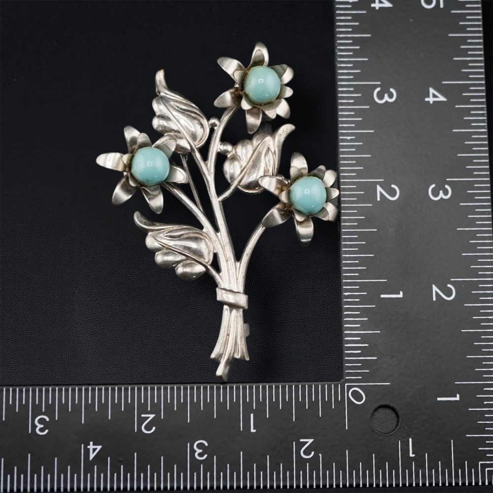 Vintage Floral Bouquet 3.5 in Brooch Blue Bead Silver Tone Statement Pin Retro