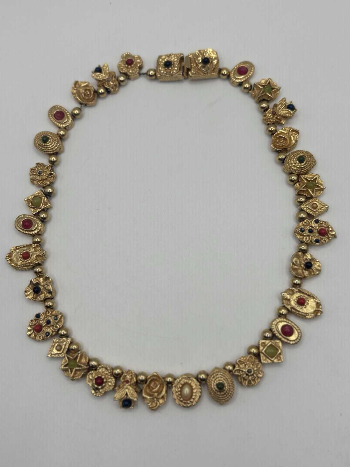 RARE Vintage Unsigned Goldette Victorian Revival Sliding Charm Necklace 16″
