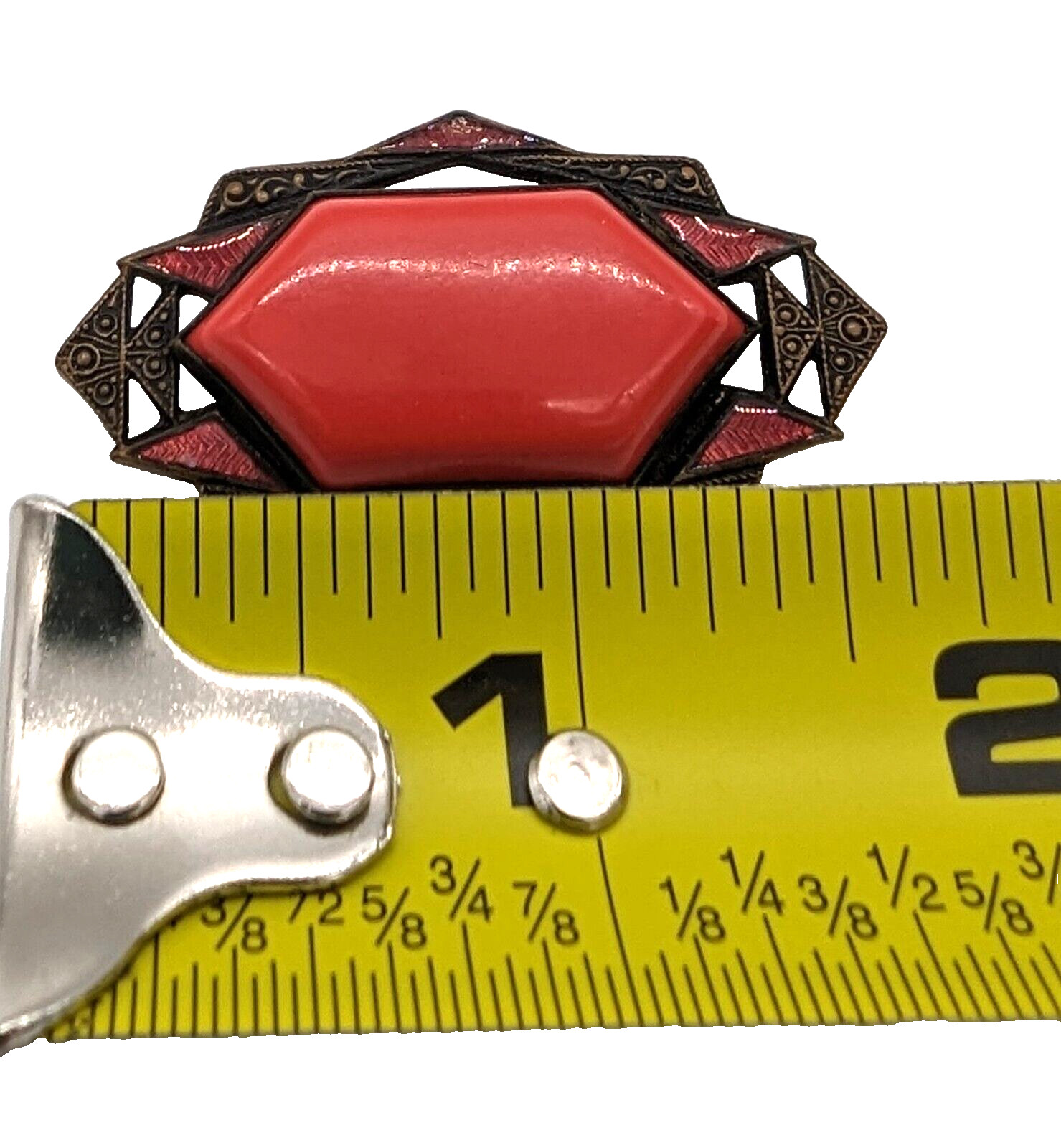 Antique Art Deco Brooch Pin Red Celluloid Hollow Center Circa 1920s Flapper