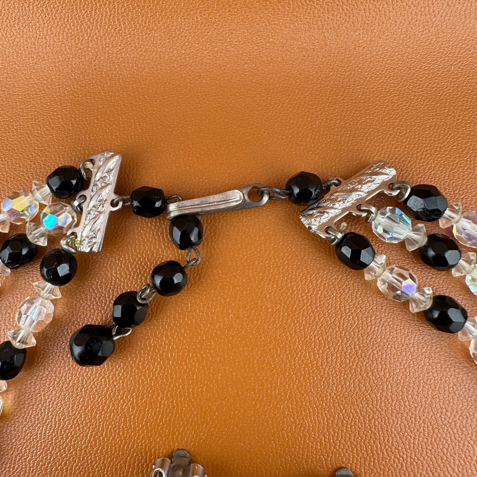 Vintage AB Crystal Bead Necklace Earrings Set Triple Strand Black & Clear 15″