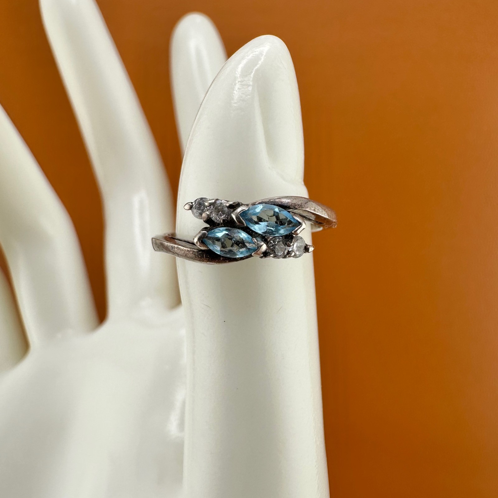 Vintage Sterling Silver Blue Topaz Ring Marquise Cut Dainty Size 6.75 Signed