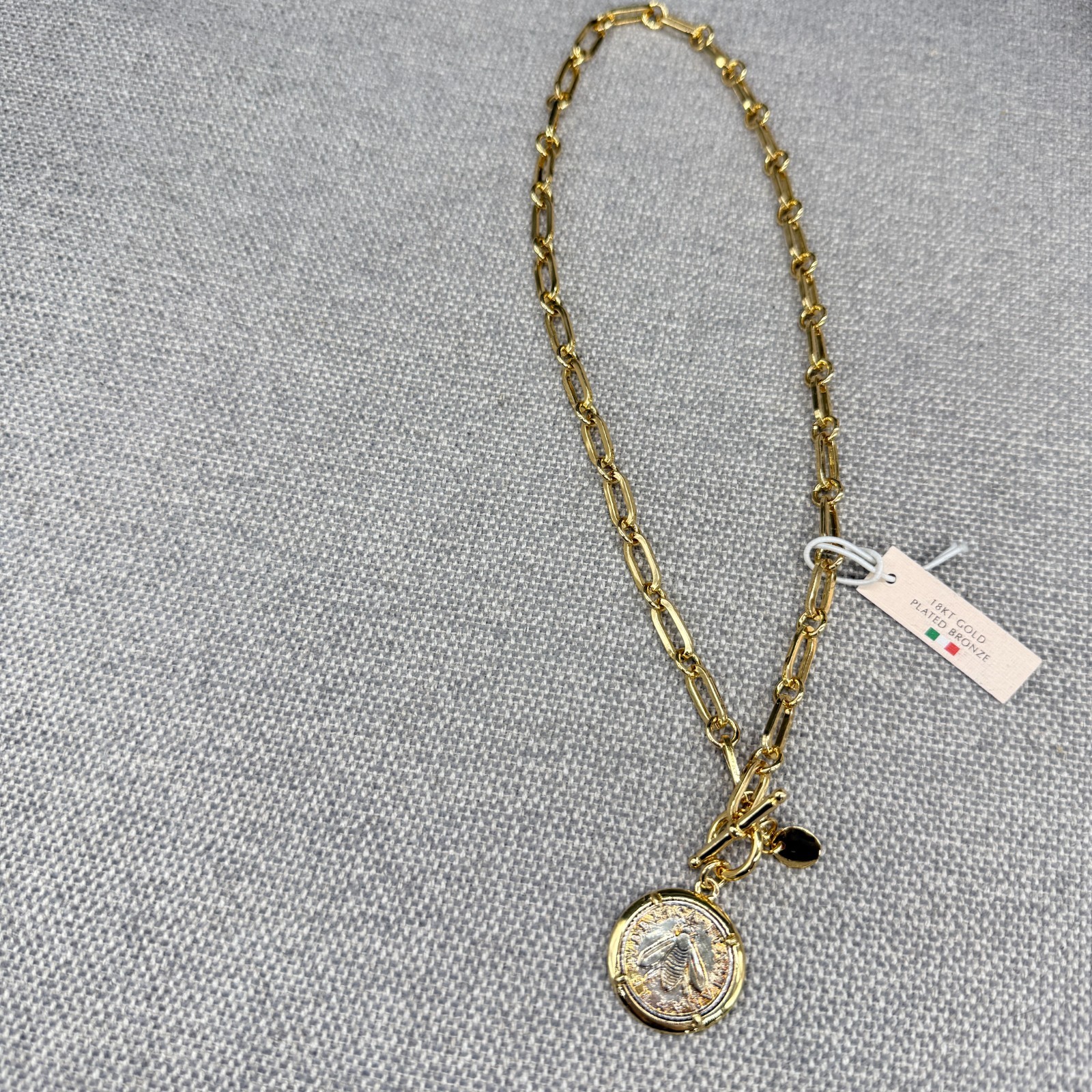 Mia Fiore Necklace Dyadema 18K Gold Plated Coin Pendant Italy Paperclip Chain