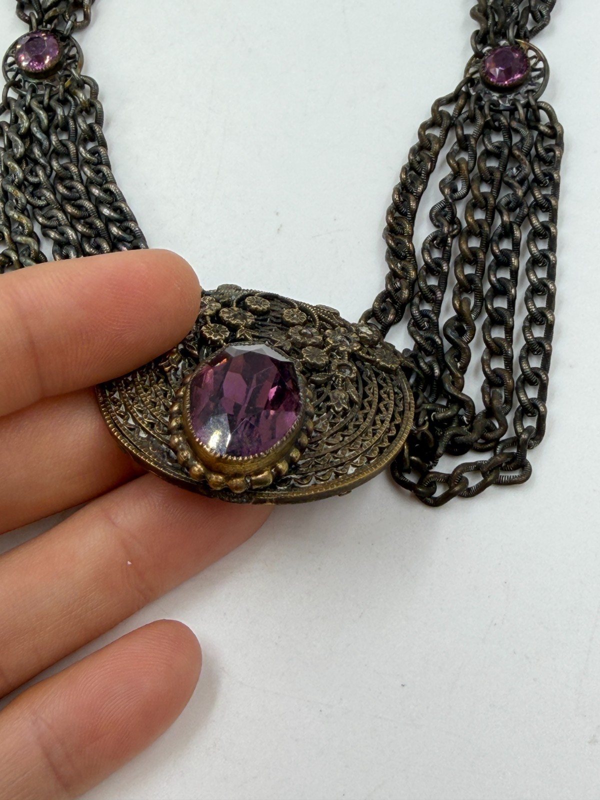 Vintage Necklace Gothic Victorian Swag Chain Purple Glass Pendant 16 in PJ