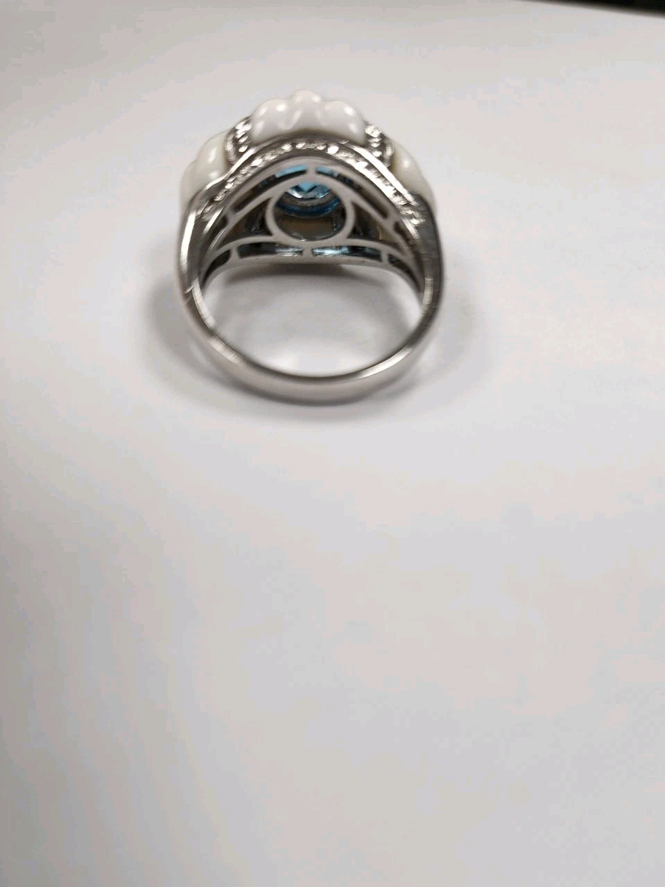 Unique Sterling Silver Ring w. Oval Blue Topaz Setting: White Howlite #3393