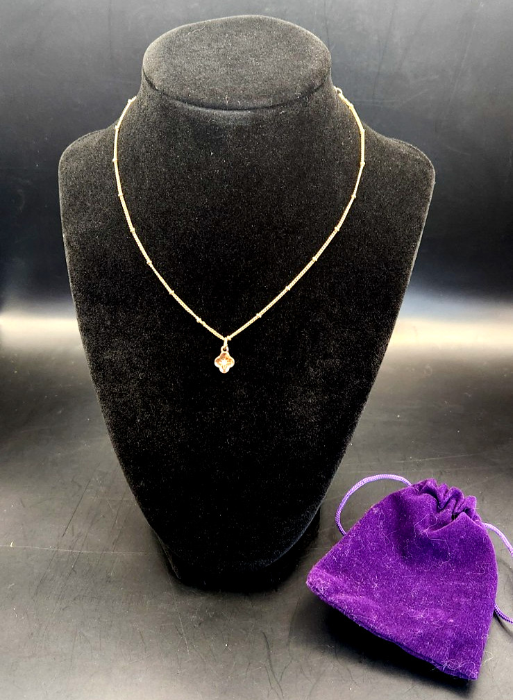 Rosary Chain Gold Necklace w/Clover Gold Pendant & Clear Gemstone 14″ Adjustable
