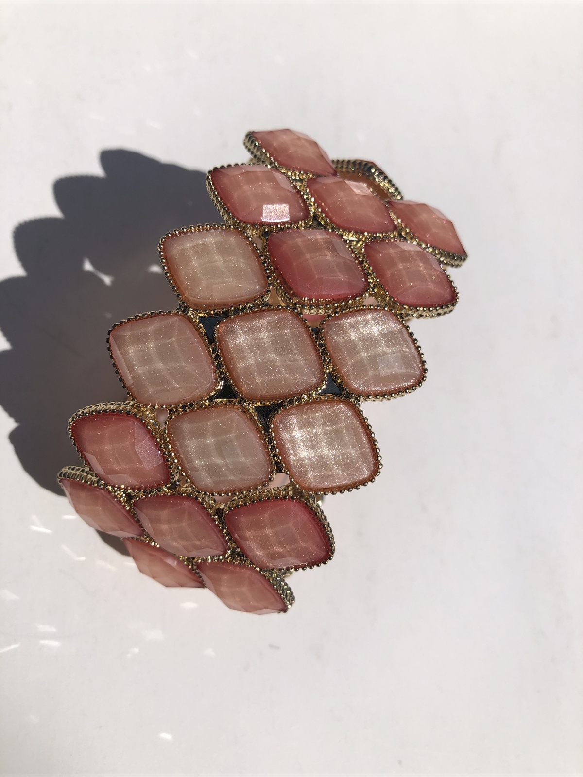 Pink Stone Stretch Cuff Bracelet Gold Tone Statement Piece Costume Jewelry