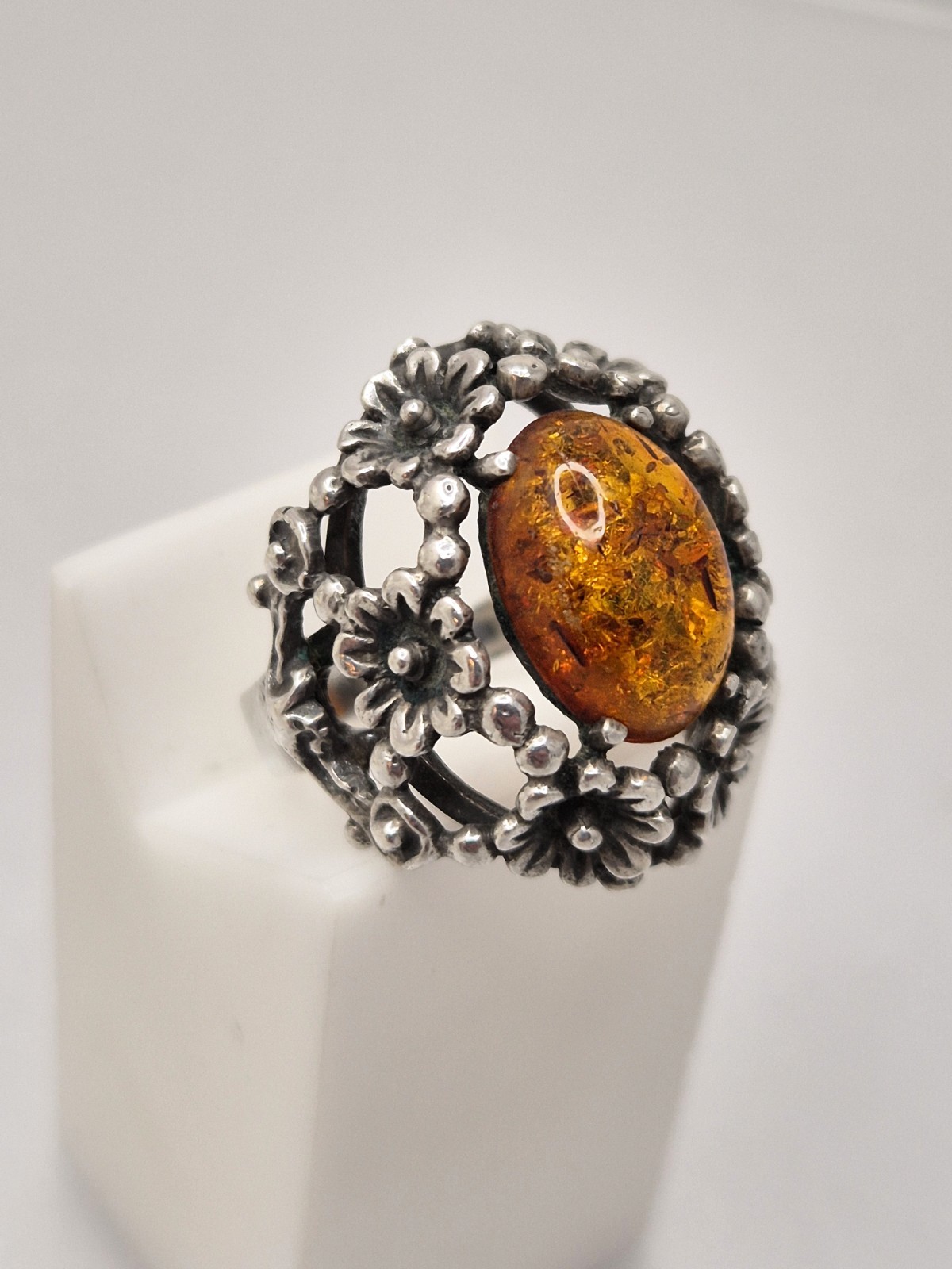 Vintage silver amber floral design ring (following N.E.From)