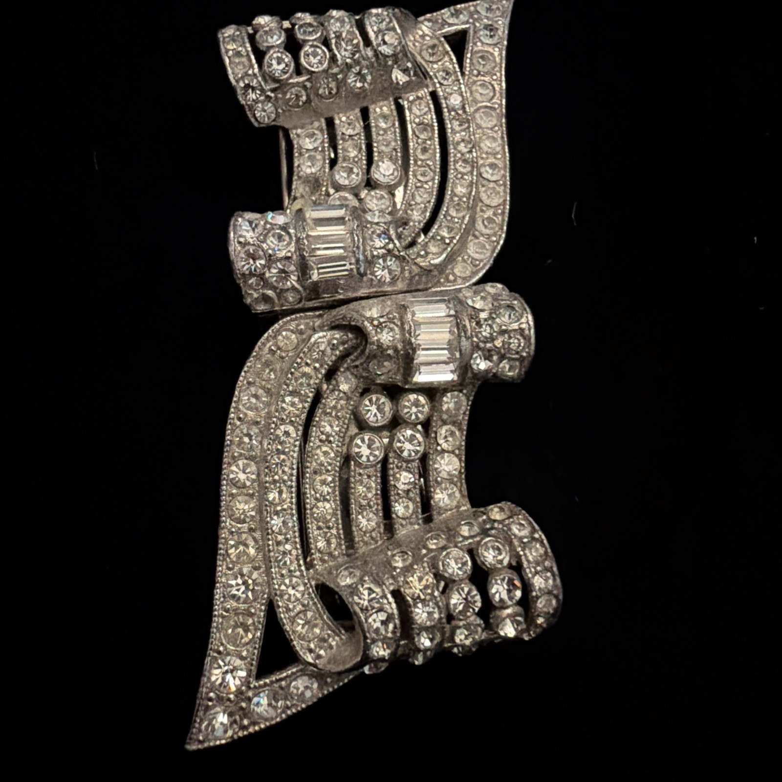 Vintage Coro Duette Art Deco Convertible Brooch Pin Silver Clear Rhinestone Pin