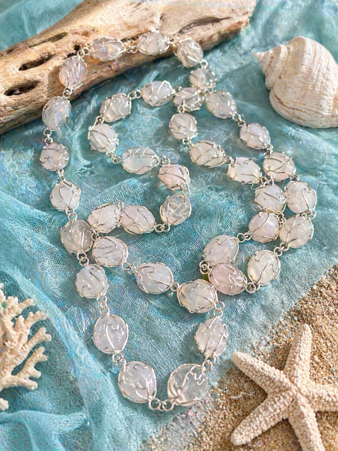 Long Statement Necklace 36” Wire Wrapped Oval Glass Beads Silver Tone Artisan