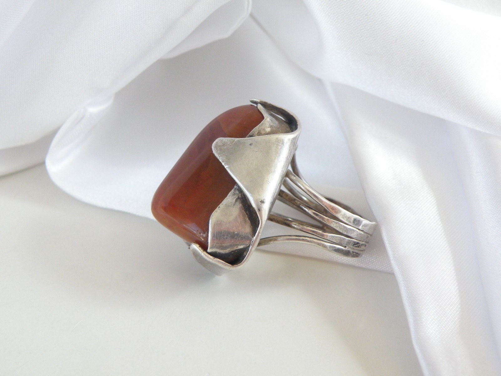 Vintage Sterling Silver 925 Banded Agate Brutalist Modernist Statement Ring 7