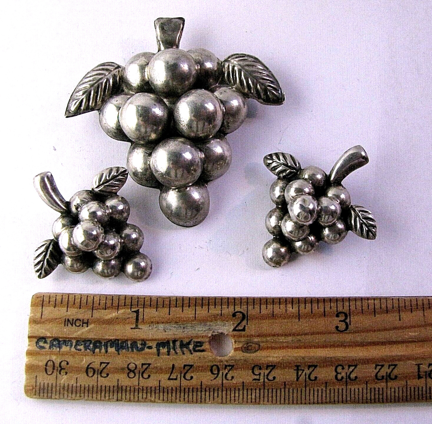 Grape Clusters Brooch Set 3Pc Vintage Sterling Silver Mexico Pin