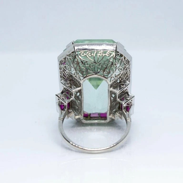 7Ct Art Deco Vintage Style Aquamarine & Ruby Anniversary 14K White Gold FN Ring