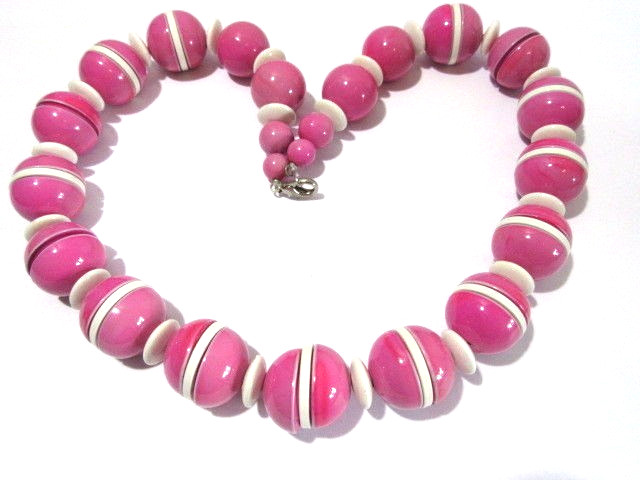 Plastic Pink White Segmented Necklace ‘Ball’ Vintage MCM