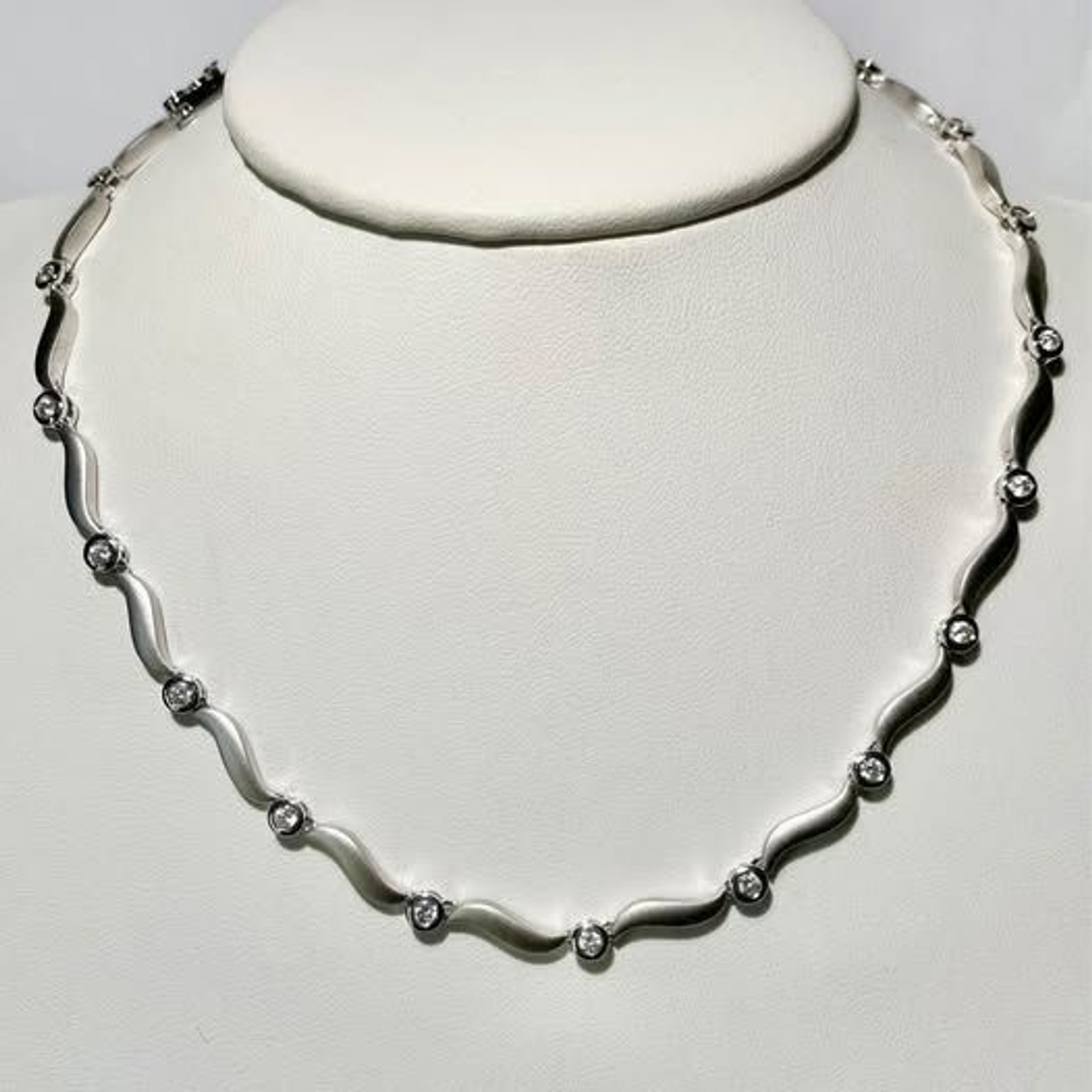 Sterling Silver CZ Necklace 16” – Matte Brushed Wave Design Modern Minimalist