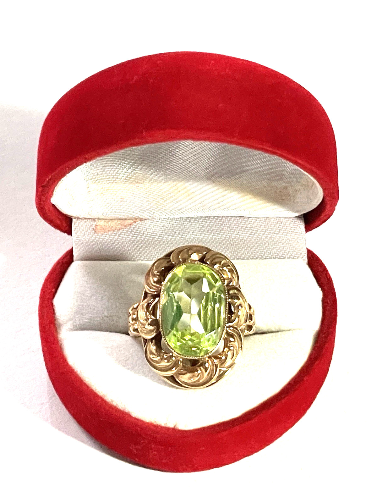 Vintage Mid Century 14k Yellow Gold Austrian Uranium Glass Cocktail Ring Size 5