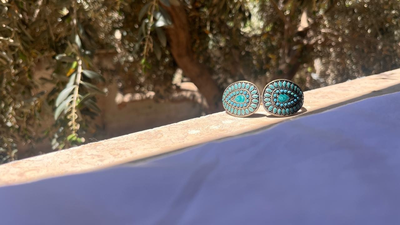 Vintage Antique Bronze Turquoise Faux Stone Statement Hinged Cuff Bracelet