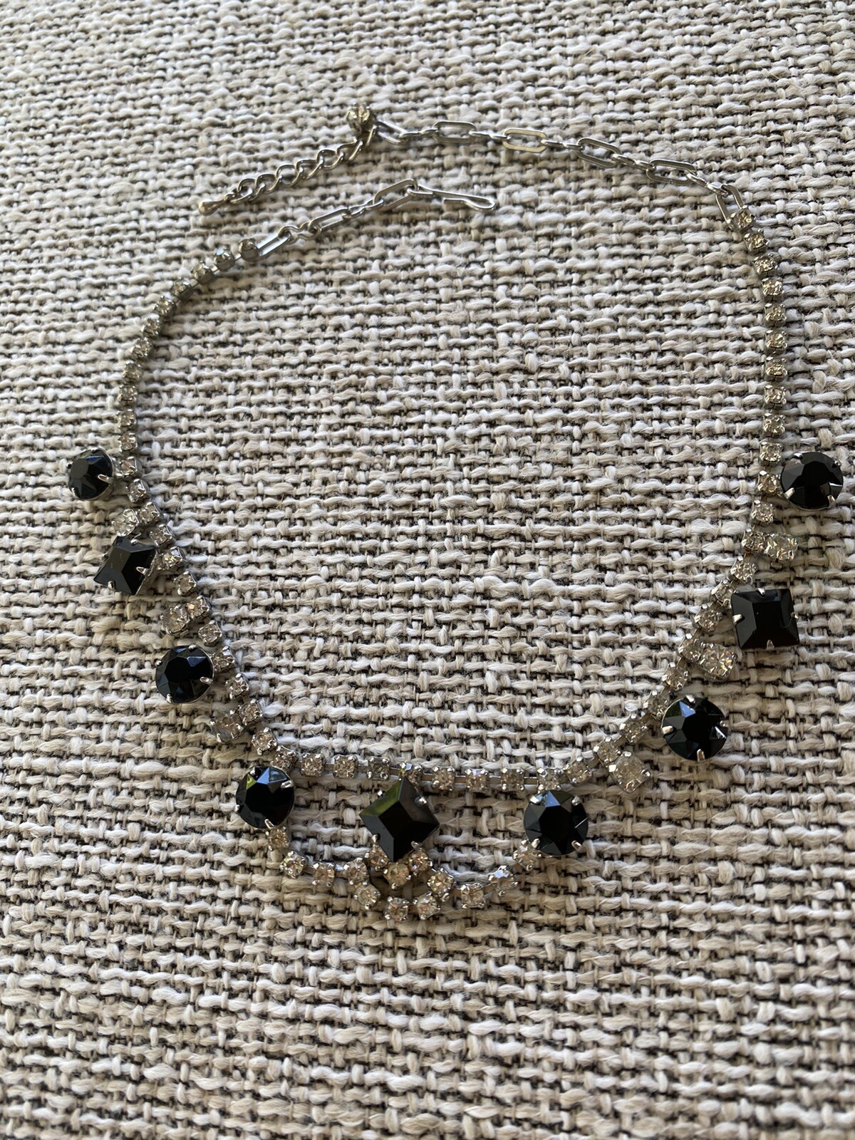 Vintage Chocker Necklace Hook Clasp 14” + 1” Rhinestones Clear Black