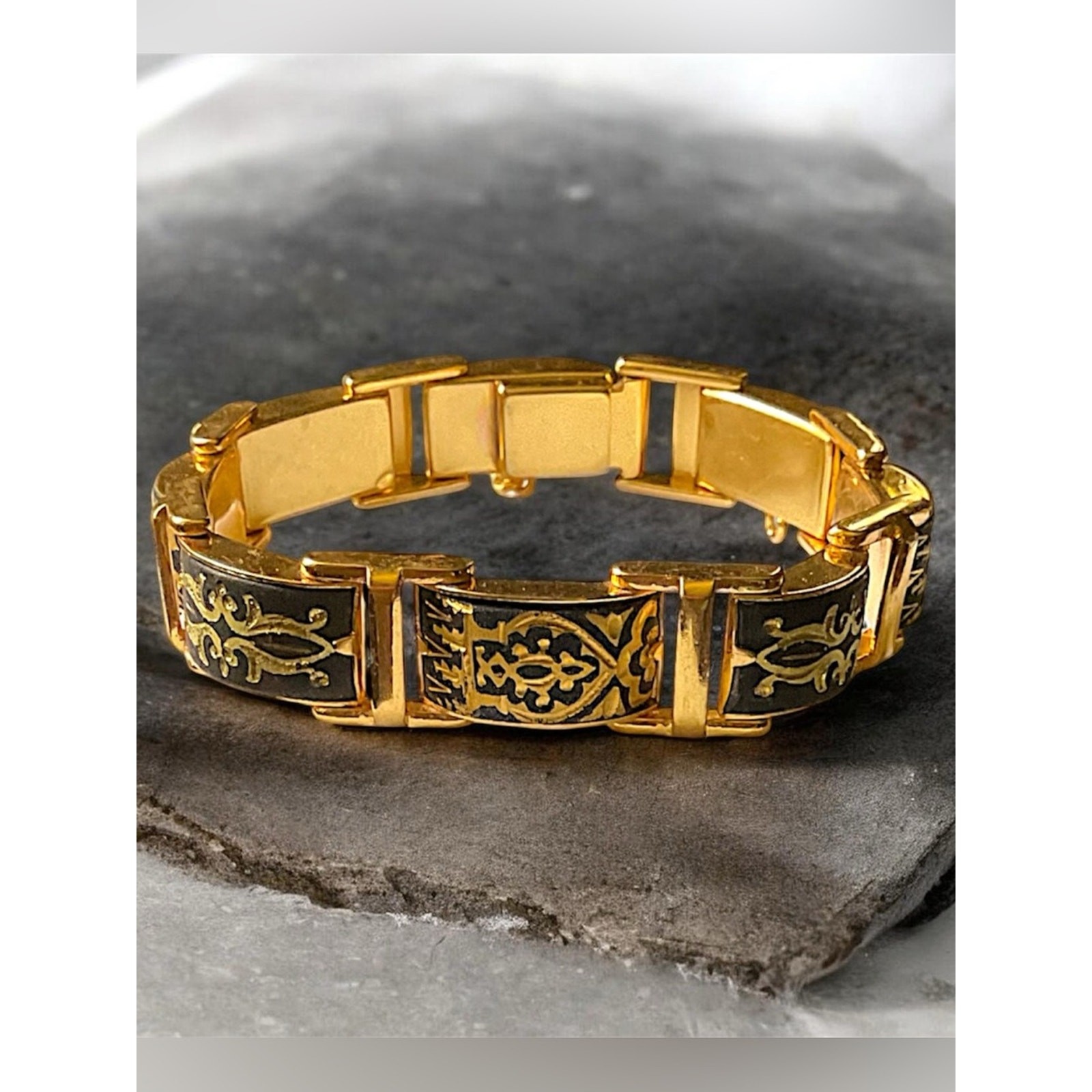 Vintage Damascene Linked Panel Bracelet Gold Tone 7.25” Repair Craft