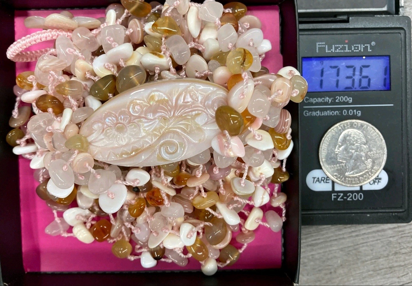 Sajen Multi Strand Gemstone Whimsical Statement Necklace Shell Rose Quartz