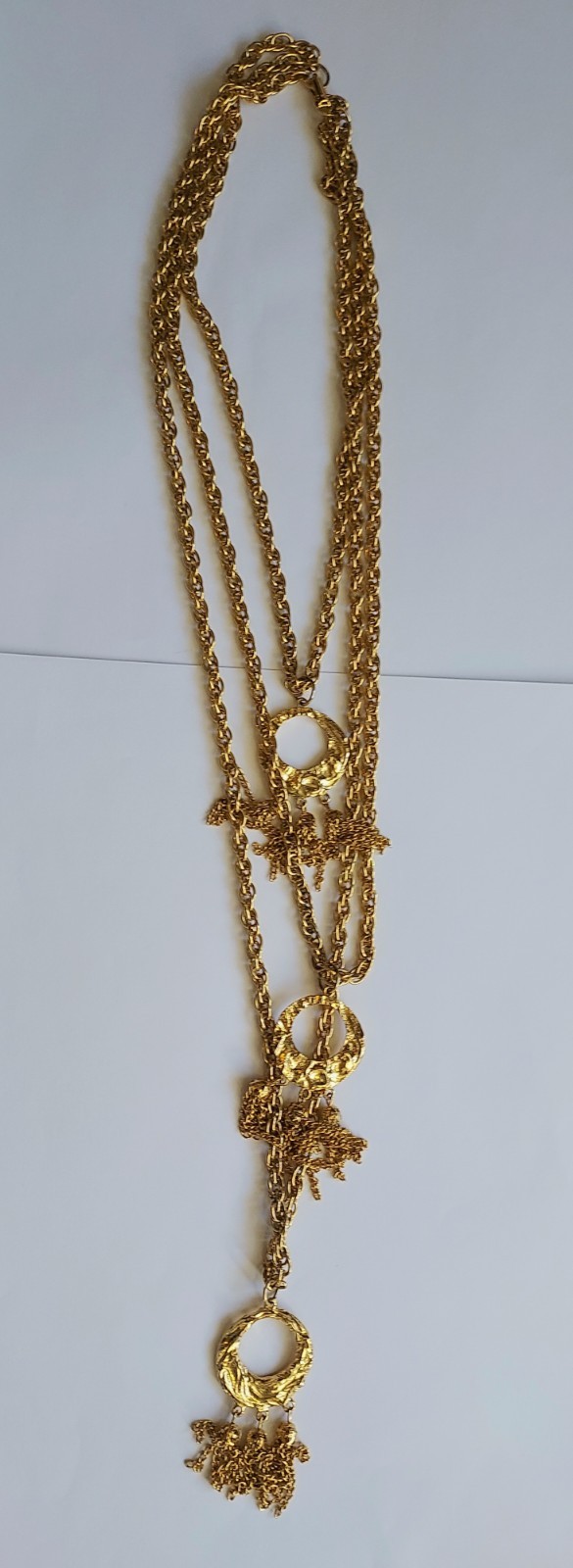 Vintage Multi Strand Festoon Tassel Necklace Circle Pendant Gold Tone Statement