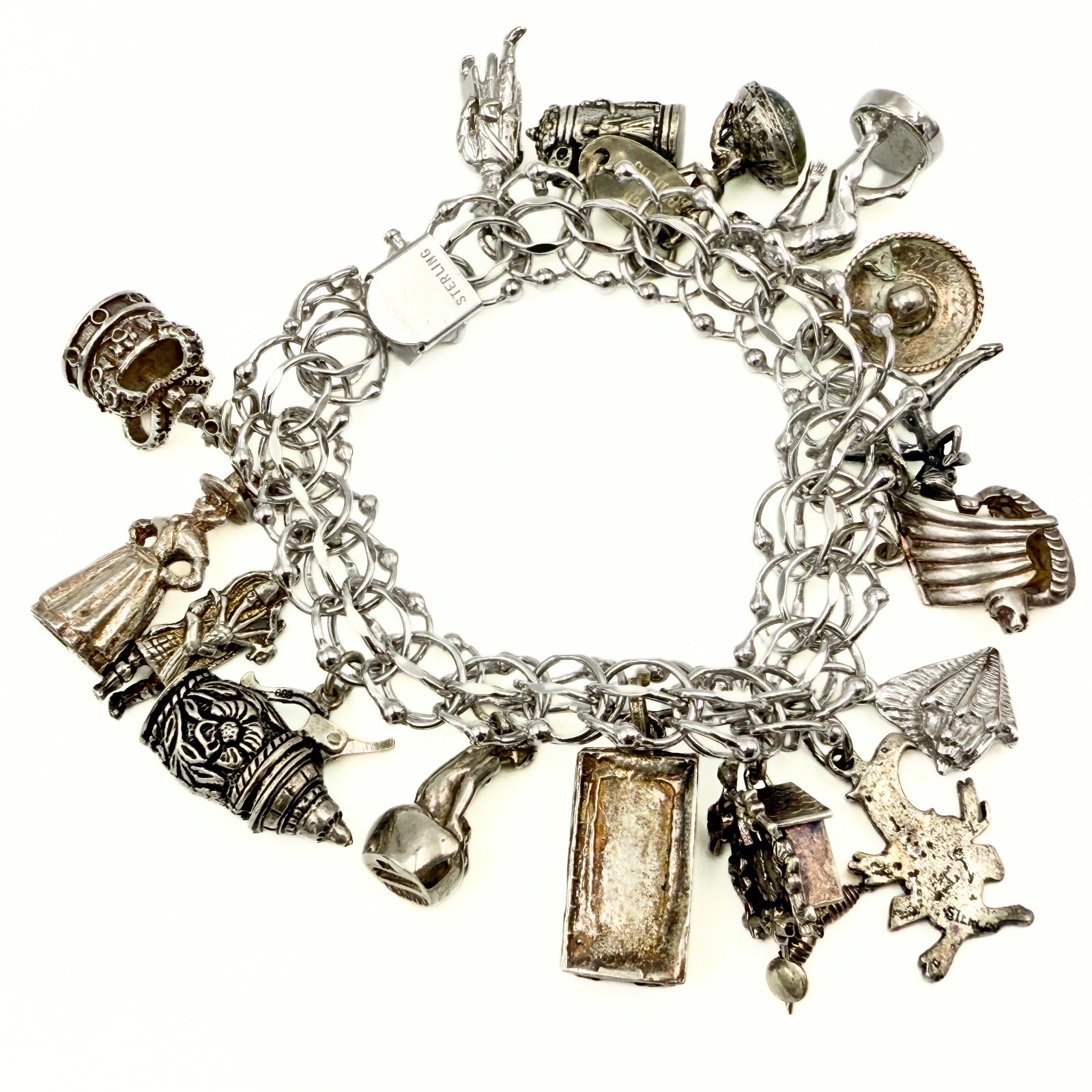 Amazing Marked Sterling Silver Lady Crown Charms Bracelet