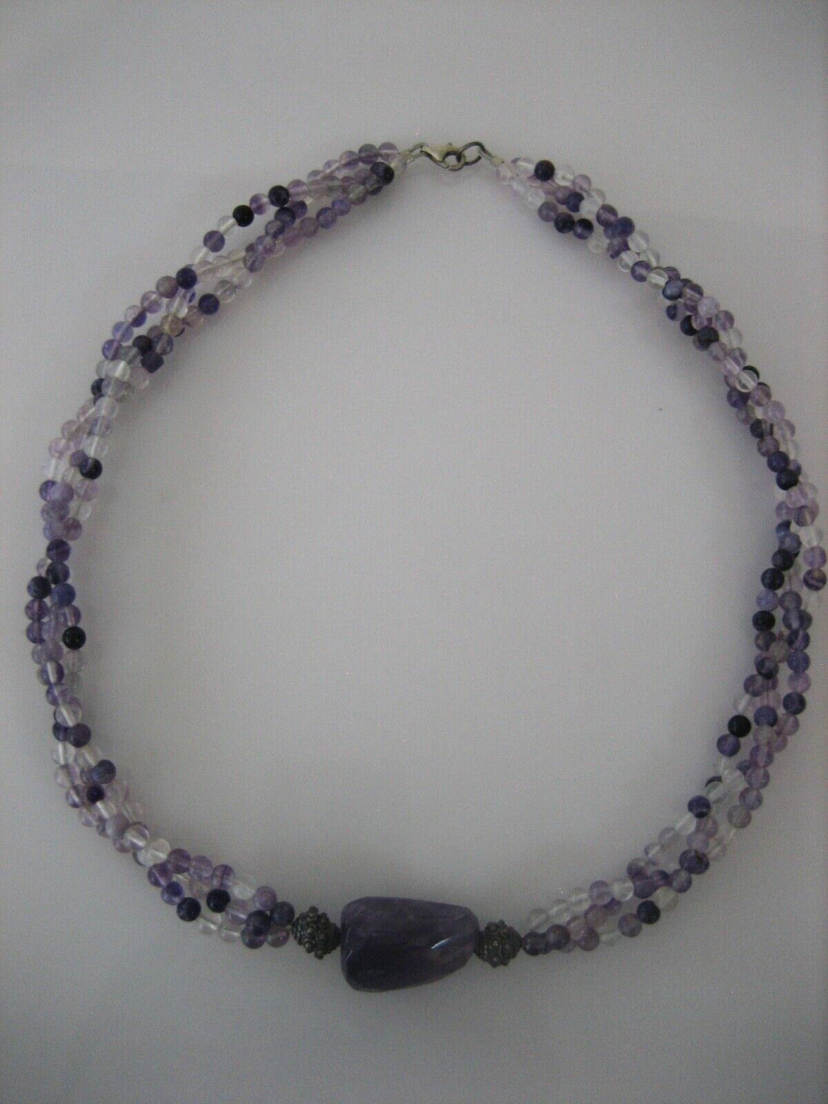 VINTAGE AMETHYST BEAD STERLING SILVER 17″ 3 STRAND NECKLACE