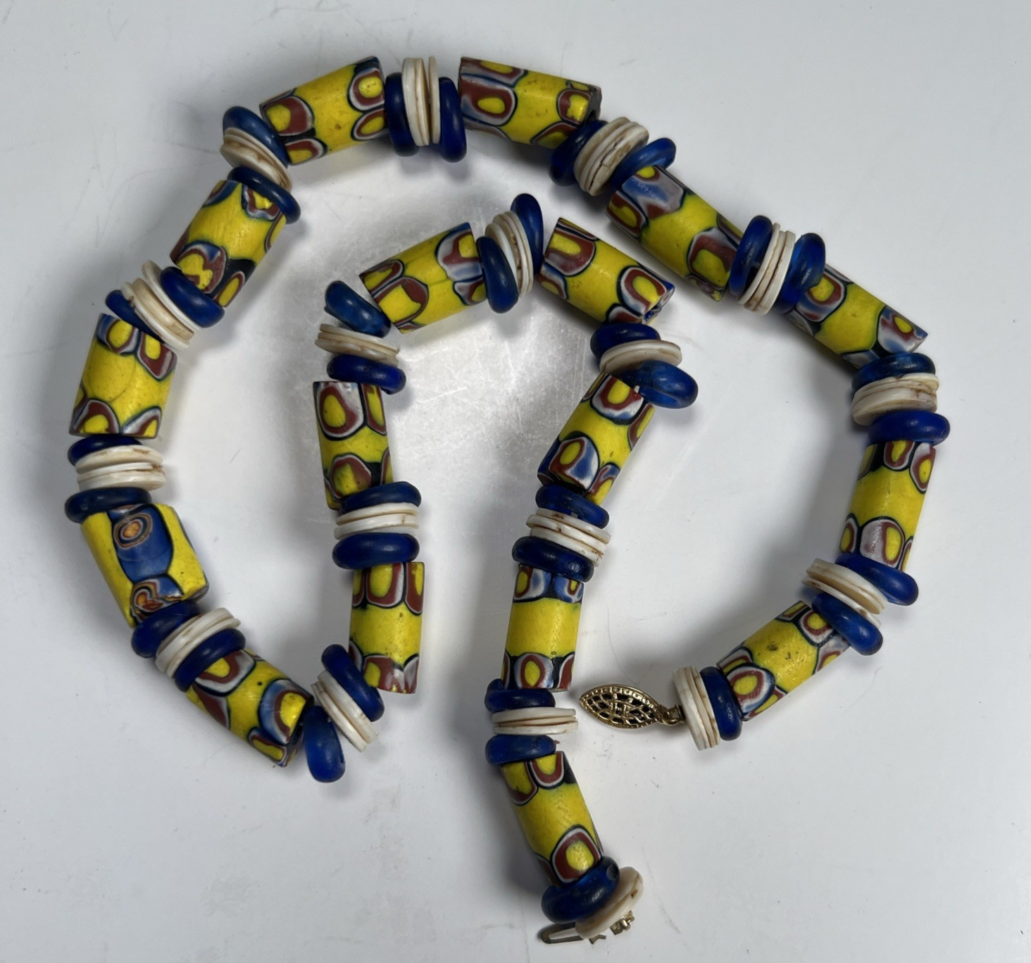 Matched Venetian Millefiori African Trade Bead Necklace 14kt GF Fish Hook Clasp